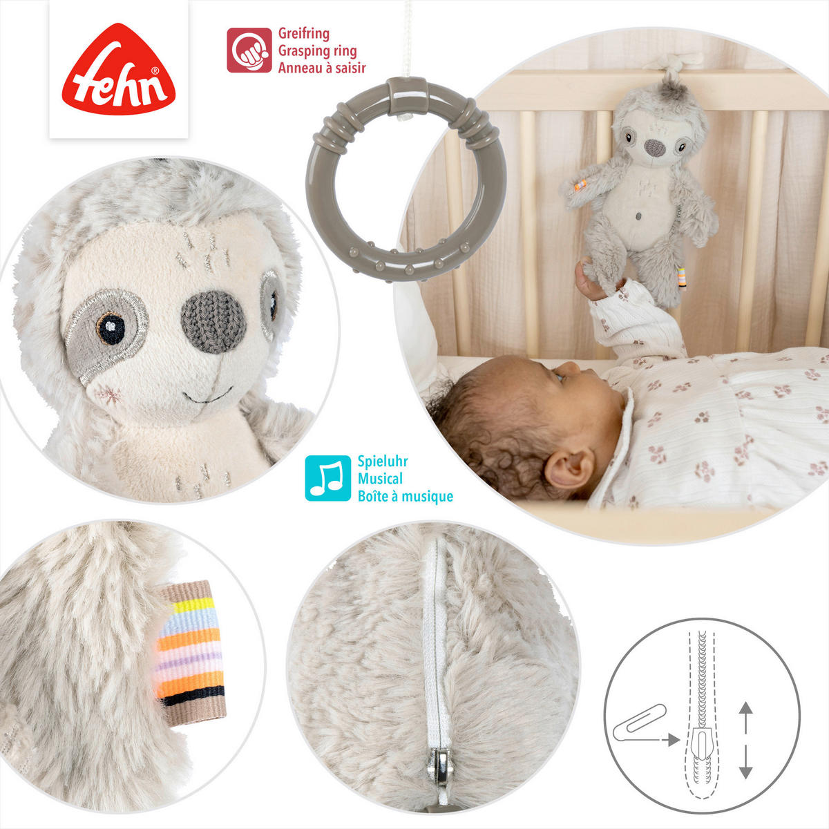 SPIELUHR Faultier Lazy 24/7,6/7,2 cm  - Hellgrau, Basics, Textil (24/7,6/7,2cm) - Fehn