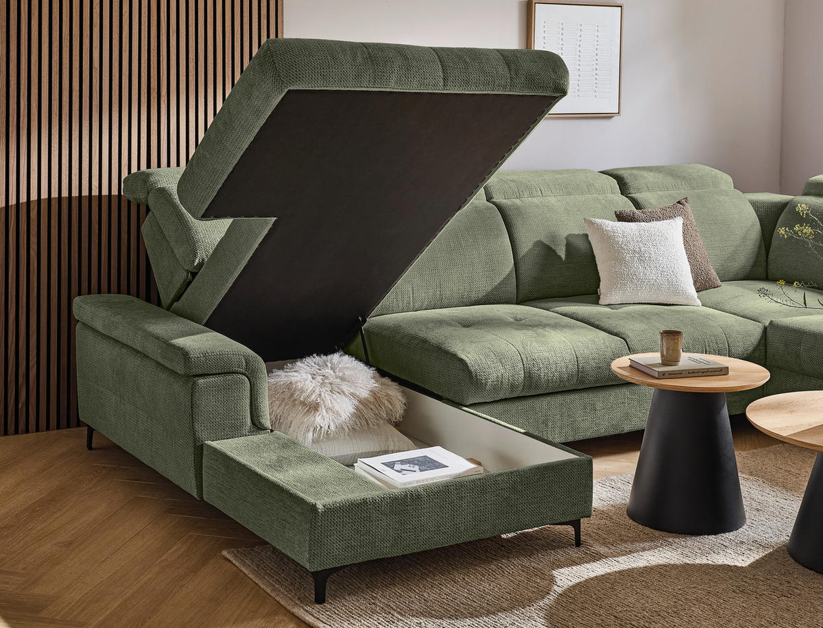 WOHNLANDSCHAFT Dunkelgrün Struktur  - Dunkelgrün/Schwarz, Design, Textil/Metall (190/364/270cm) - Stylife