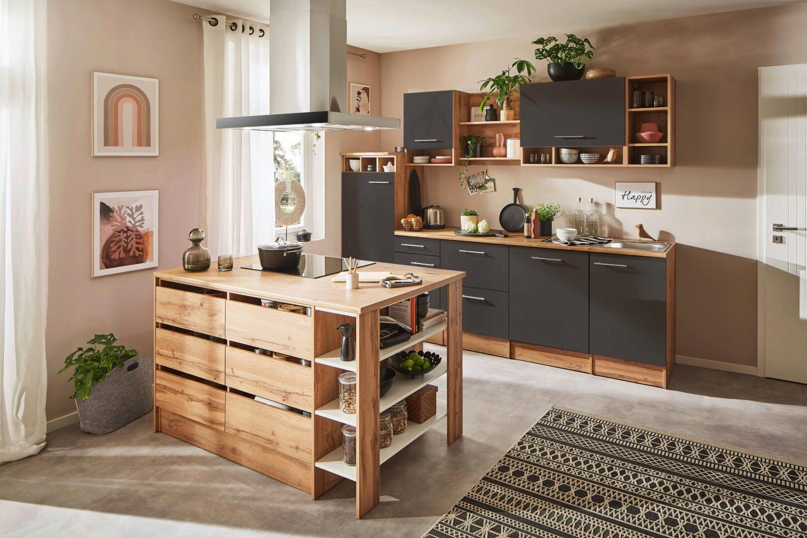 MODULKÖK 280-150 cm   i grå  - skogsek/aluminiumfärg, Design, metall/trämaterial (280-150cm) - Respekta