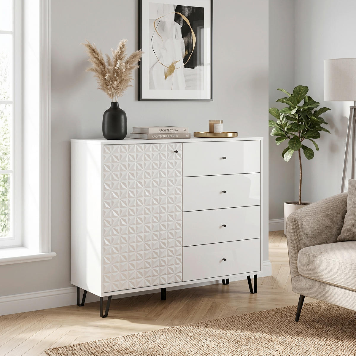 HIGHBOARD  110/96/40 cm 4 Schublade(n)  - Weiß Hochglanz/Schwarz, Design, Holzwerkstoff/Kunststoff (110/96/40cm) - Livetastic
