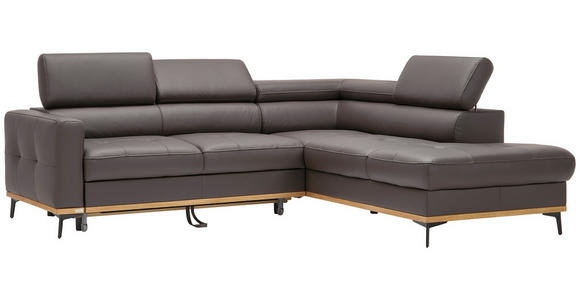 ECKSOFA in Echtleder Dunkelbraun  - Dunkelbraun/Schwarz, Design, Leder/Holz (252/220cm) - Novel