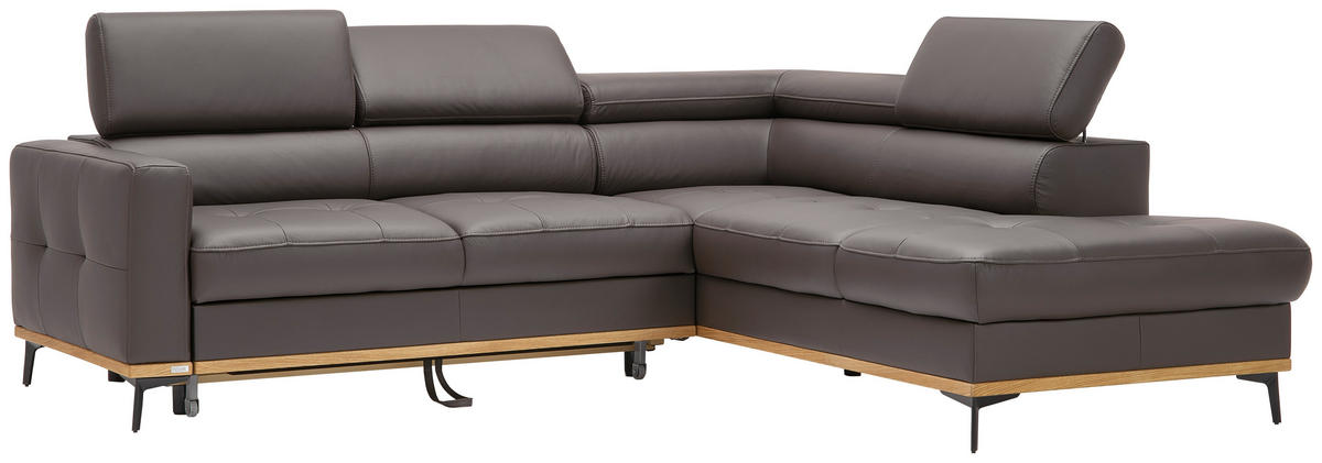 ECKSOFA Dunkelbraun Echtleder  - Dunkelbraun/Schwarz, Design, Leder/Holz (252/220cm) - Novel
