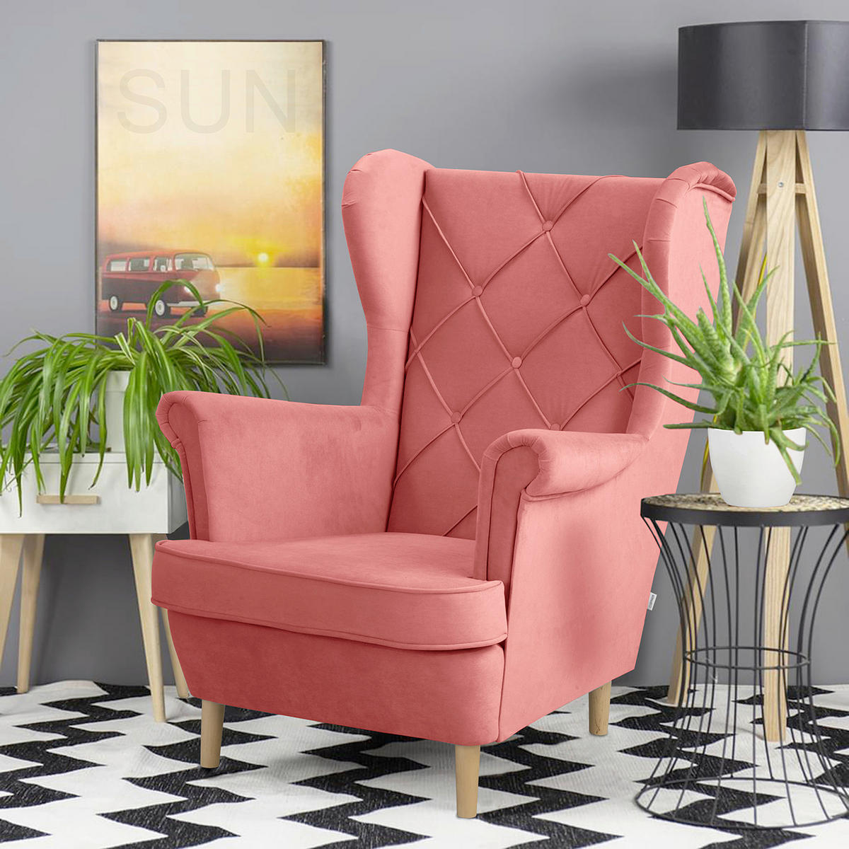 OHRENSESSEL in Samt Rosa  - Naturfarben/Rosa, Design, Holz/Textil (84/105/90cm) - P & B