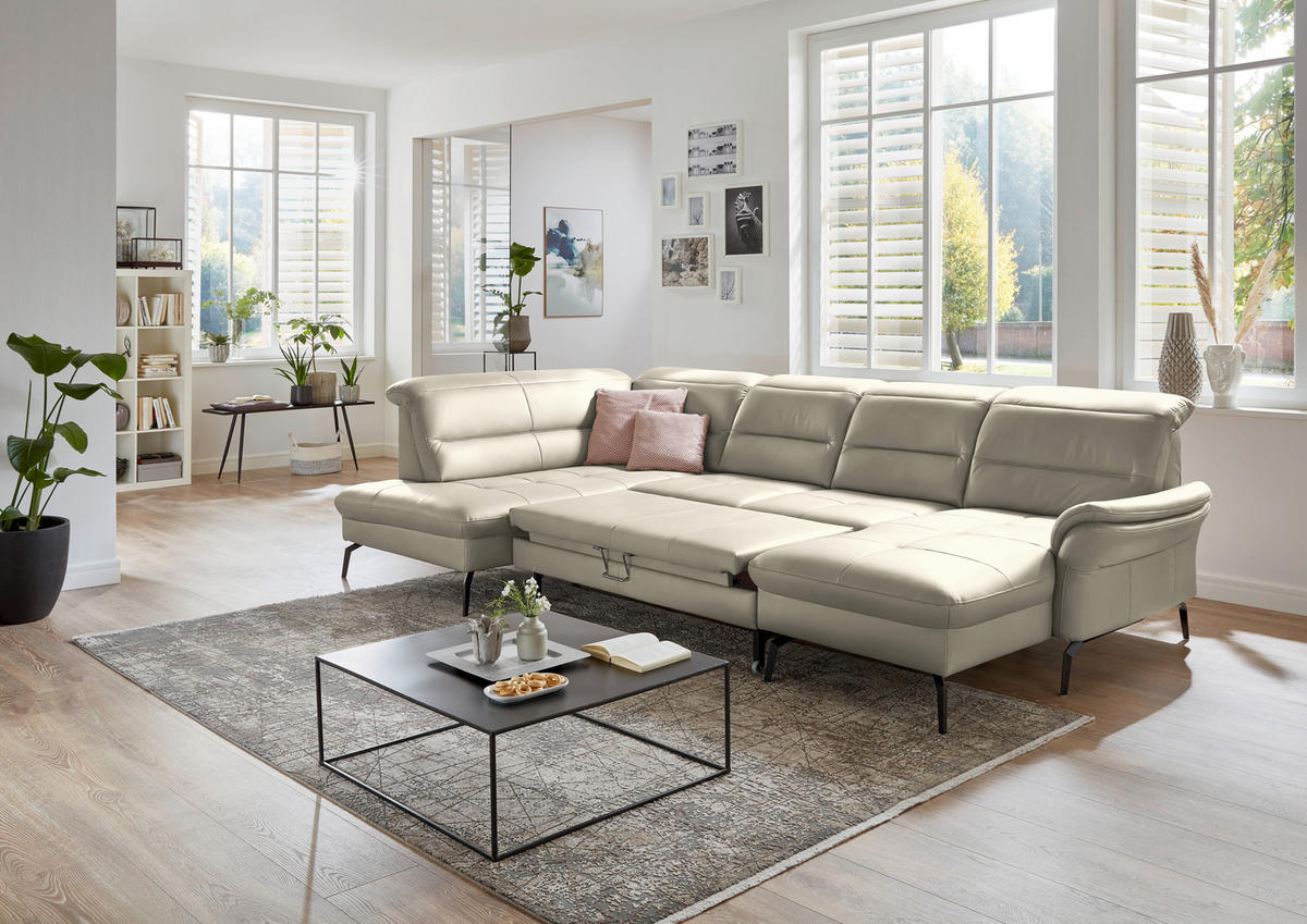 WOHNLANDSCHAFT  in Echtleder Ecru  - Ecru/Schwarz, Design, Leder/Metall (206/336/181cm) - Beldomo Speed