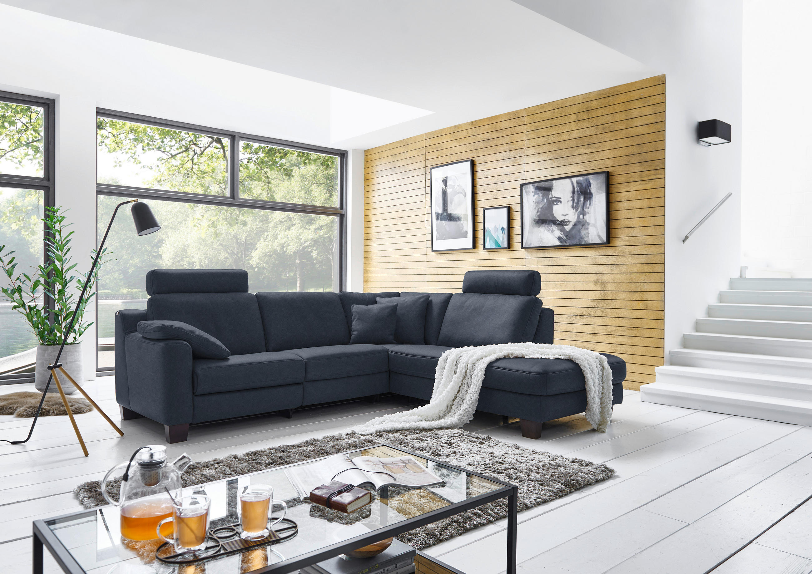 ECKSOFA in Echtleder Dunkelblau  - Eichefarben/Dunkelblau, Design, Leder/Holz (259/235cm) - Valdera