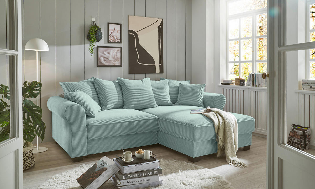 ECKSOFA Salbeigrün Cord  - Salbeigrün/Schwarz, KONVENTIONELL, Kunststoff/Textil (255/185cm) - Hom`in