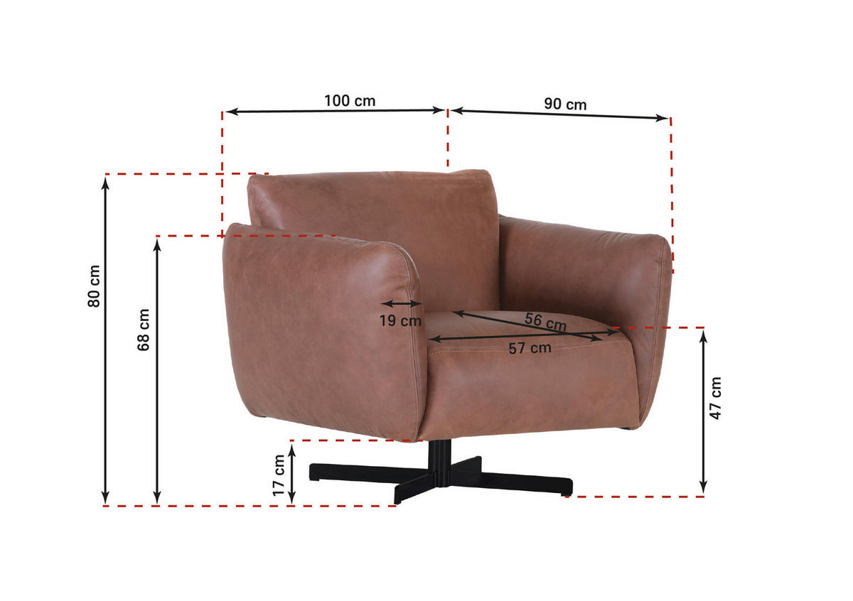 SESSEL in Echtleder Cognac  - Cognac/Schwarz, KONVENTIONELL, Leder/Metall (100/80/90cm) - Carryhome