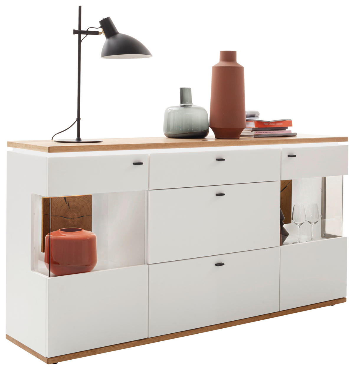 SIDEBOARD Weiss, Eiche Bianco  180/92/44 cm  - Weiss/Eiche Bianco, Design, Glas/Holz (180/92/44cm) - Novel