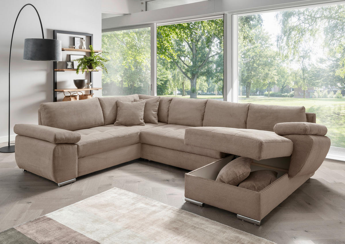 Wohnlandschaft tekstil  sivo-smeđa   - sivo-smeđa/boje kroma, Konvencionalno, tekstil/metal (219/305/157cm) - Livetastic