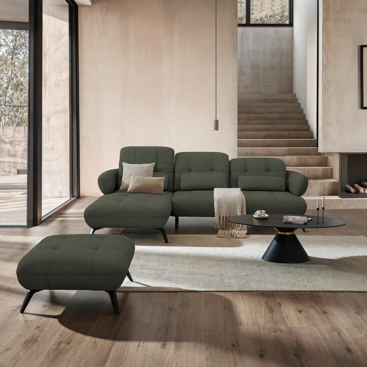 ECKSOFA Flachgewebe Grün  - Schwarz/Grün, Modern, Textil/Metall (180/282cm) - Novel
