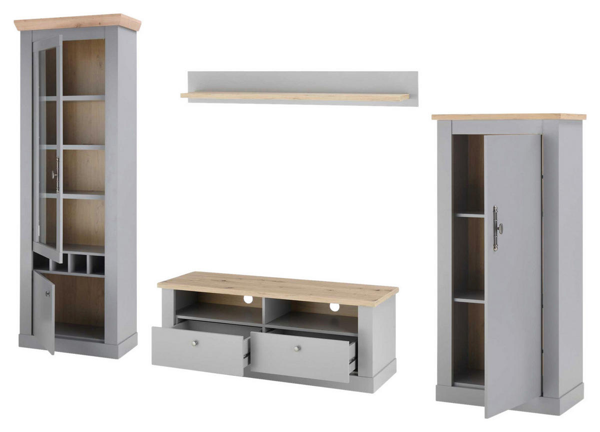 WOHNWAND 4-teilig  in Eichefarben, Hellgrau  291/201/44 cm  - Eichefarben/Silberfarben, Design, Holzwerkstoff/Metall (291/201/44cm) - MID.YOU