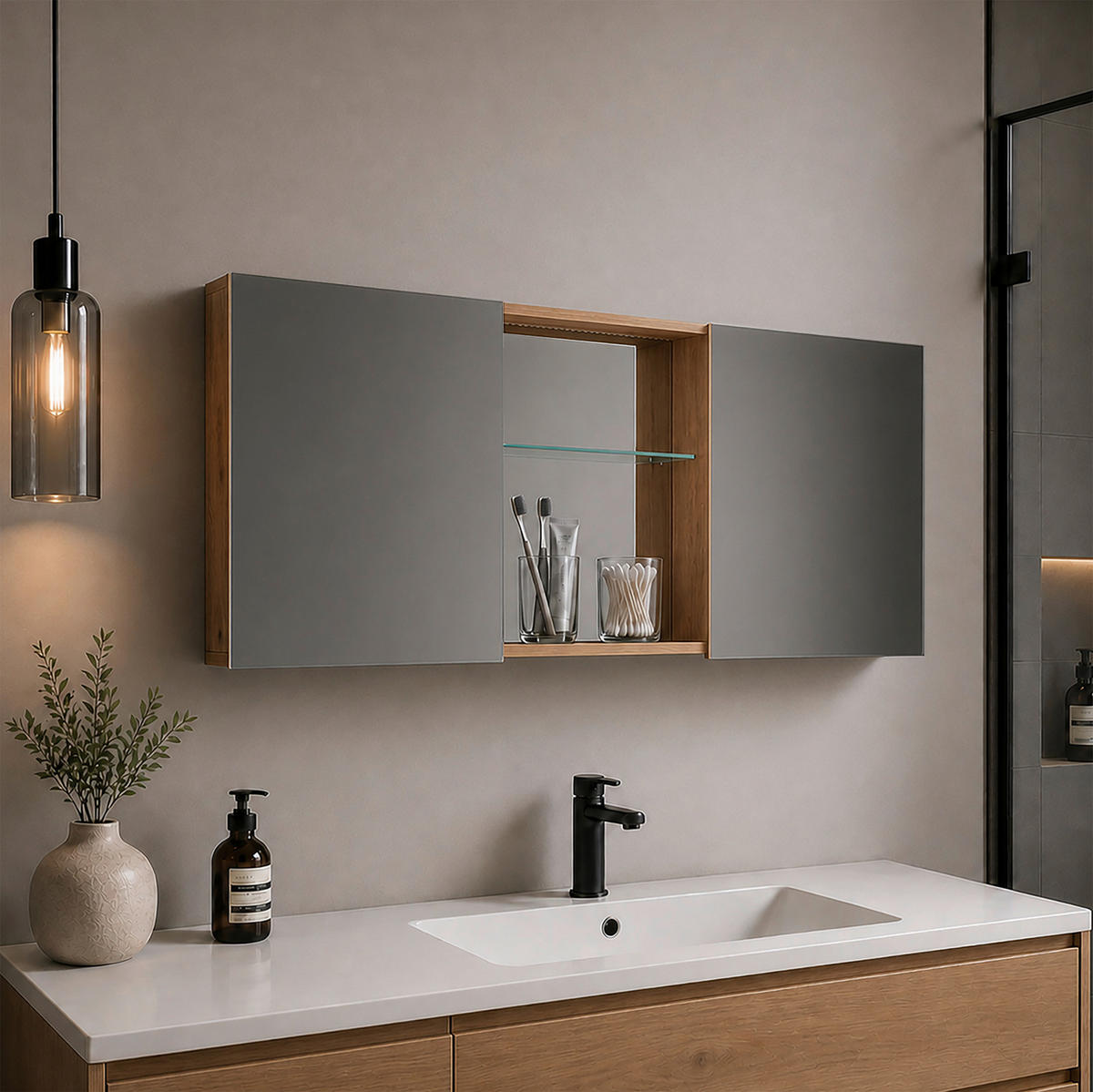 SPEGELSKÅP  - honungsek, Modern, trämaterial (112/59/12cm) - MID.YOU
