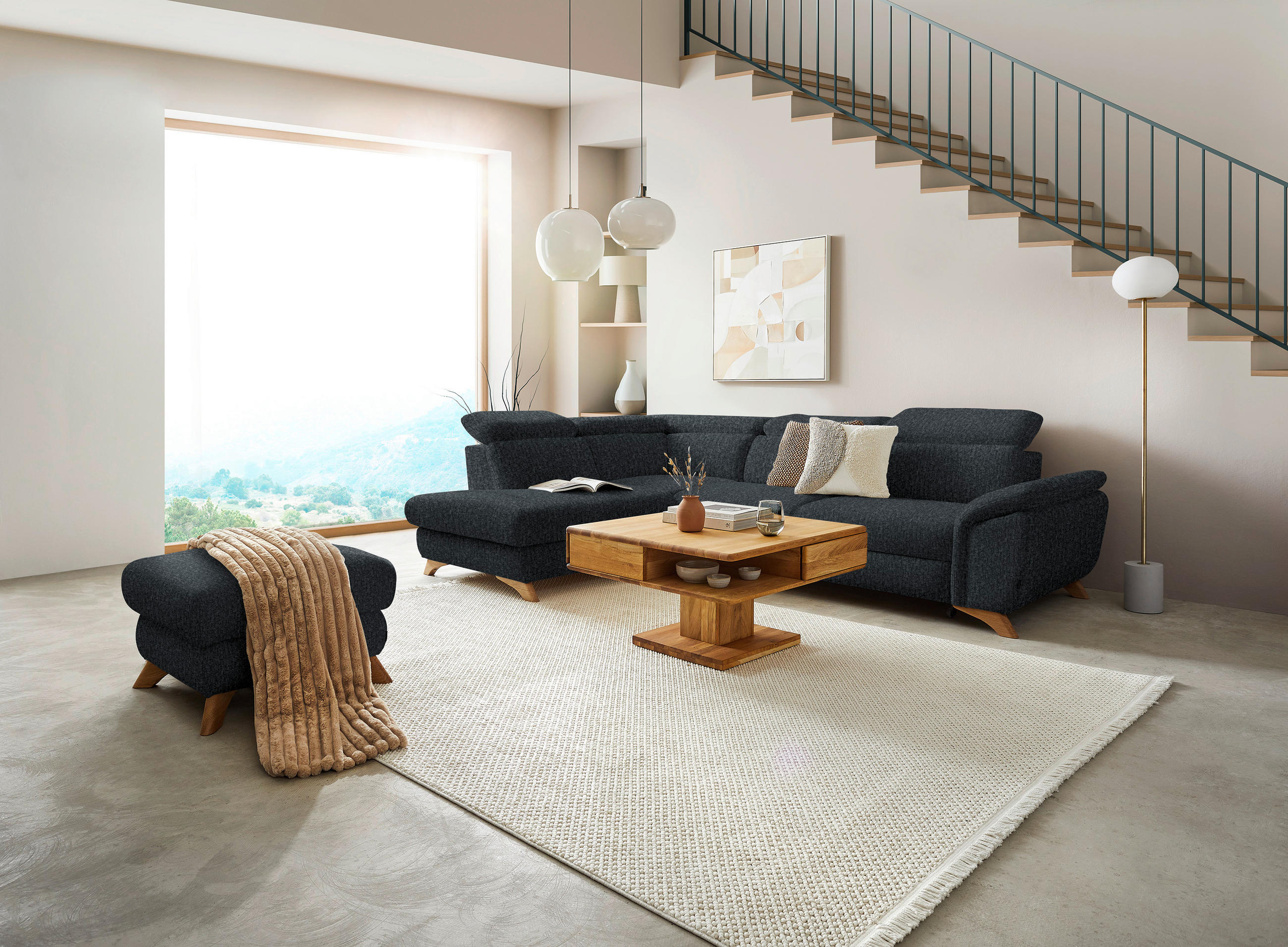 ECKSOFA MERCURY Dunkelgrau Chenille  - Eichefarben/Dunkelgrau, MODERN, Holz/Textil (212/287cm) - Valnatura