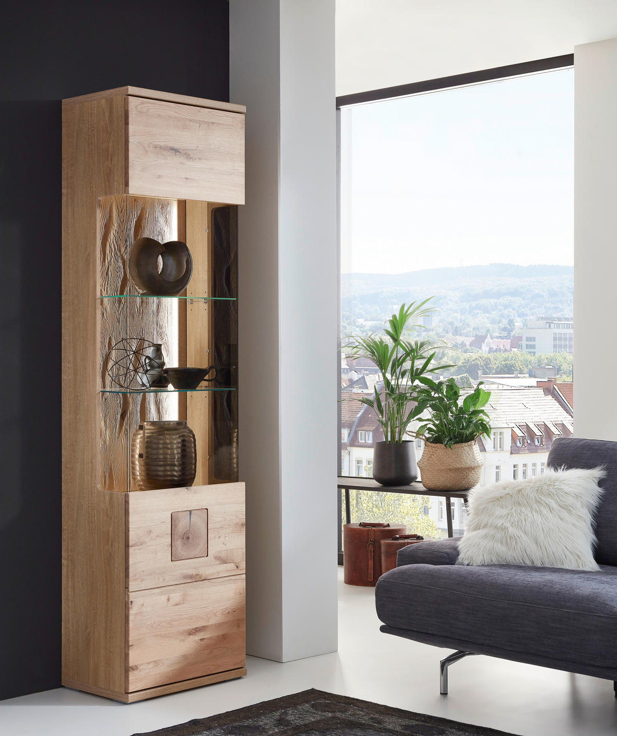 VITRINE in massiv Eiche Alteiche  - Alteiche/Grau, Konventionell, Glas/Holz (55/208,6/37,4cm) - Livetastic