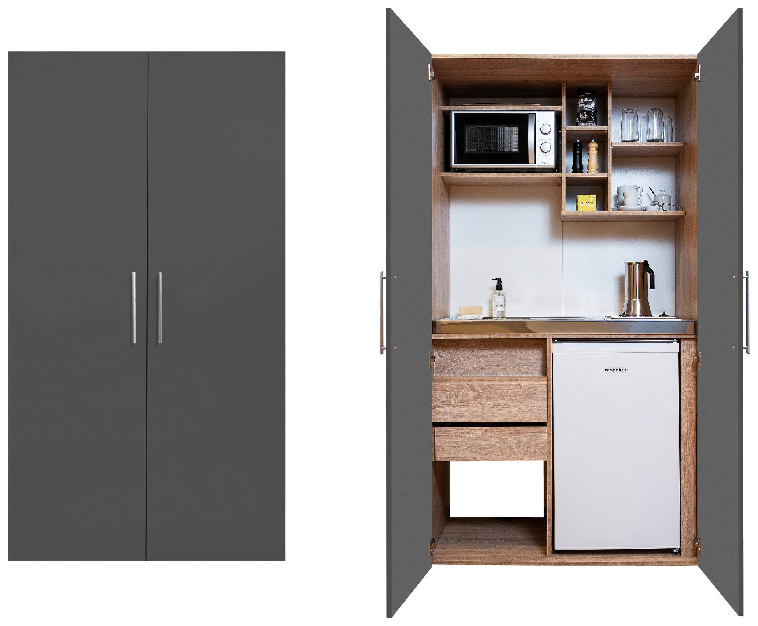 SCHRANKKÜCHE  104/193/67 cm  in Grau, Eichefarben  - Edelstahlfarben/Eichefarben, Basics, Holzwerkstoff/Metall (104/193/67cm) - Respekta