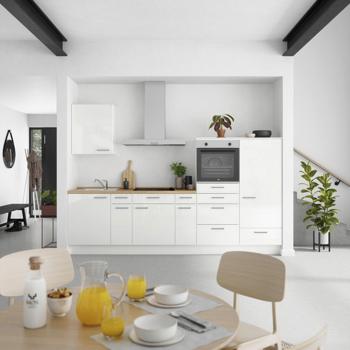 KÜCHENLEERBLOCK 300 cm   in Eichefarben, Weiß Hochglanz  - Edelstahlfarben/Eichefarben, MODERN, Holzwerkstoff/Metall (300cm) - Nobilia