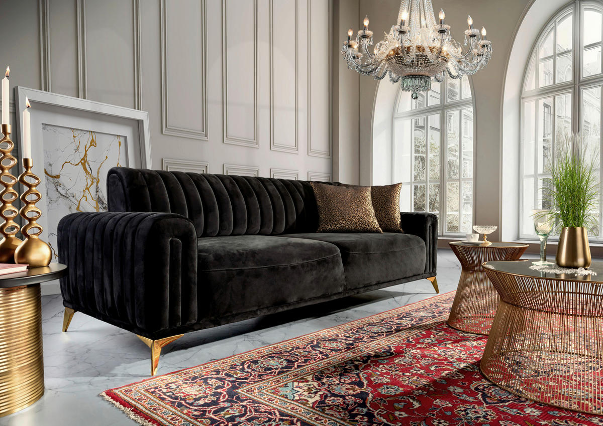 BIGSOFA in Samt Schwarz  - Goldfarben/Multicolor, Trend, Textil/Metall (235/90/100cm) - Carryhome