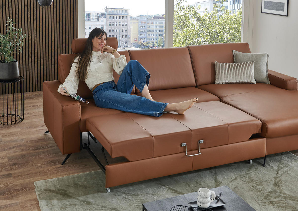 ECKSOFA in Echtleder Cognac  - Cognac/Schwarz, Design, Leder/Metall (165/267cm) - Lomoco