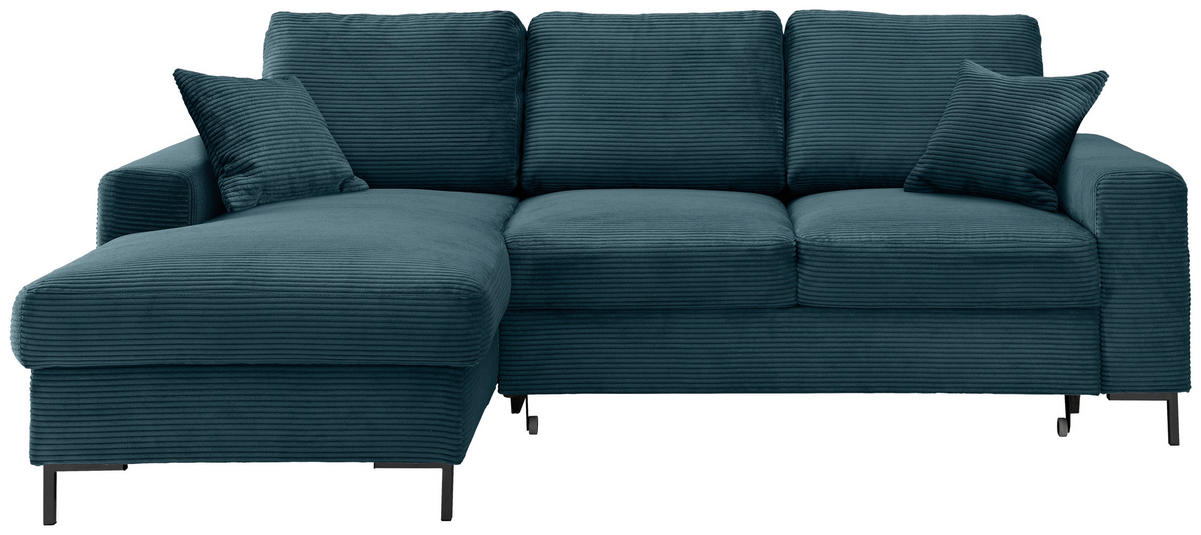 ECKSCHLAFSOFA  mit Rücken echt Cord Petrol  - Petrol/Schwarz, KONVENTIONELL, Textil/Metall (143/237cm) - Livetastic