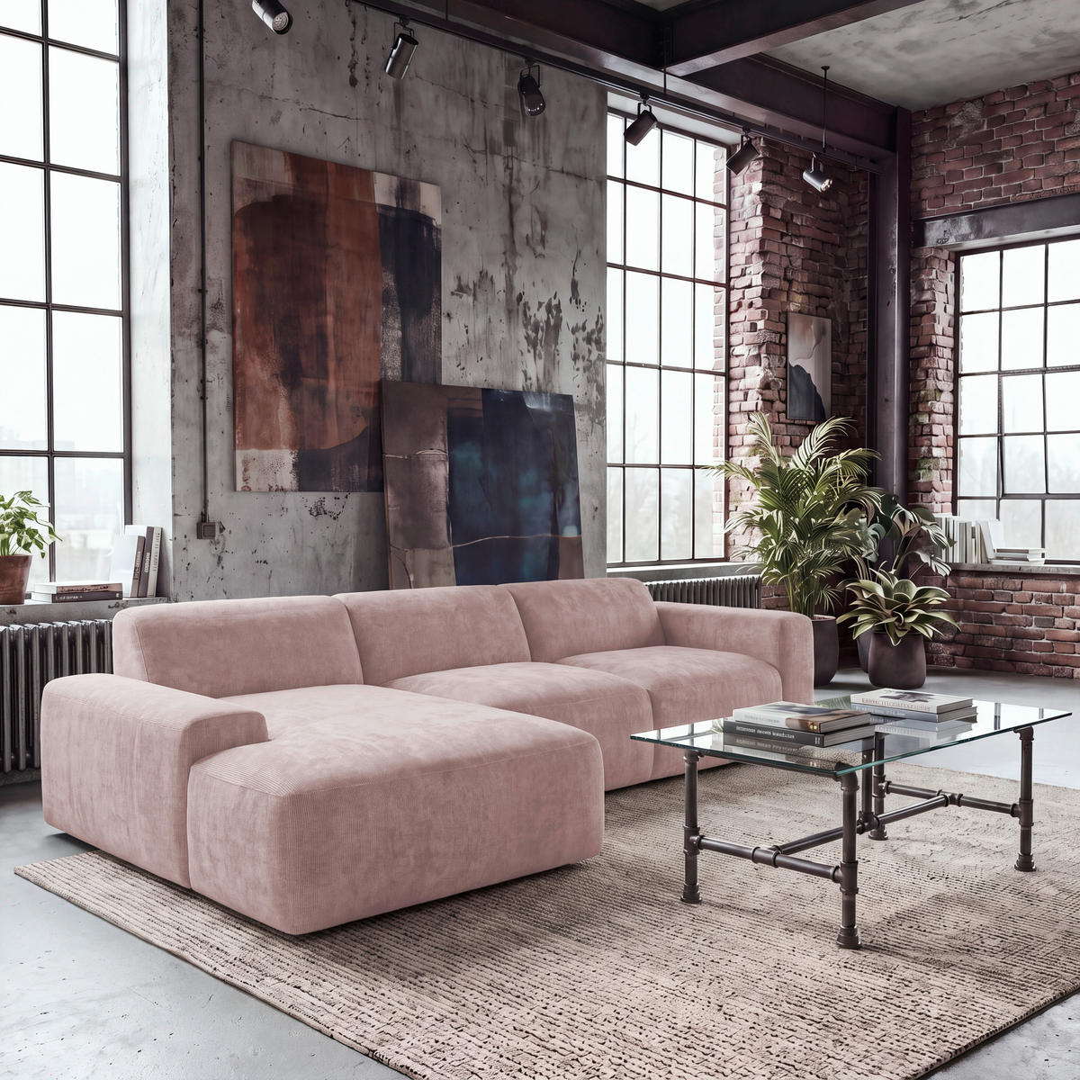 ECKSOFA HANNAH Rosa Cord  - Schwarz/Rosa, Design, Kunststoff/Textil (170/343cm) - MID.YOU