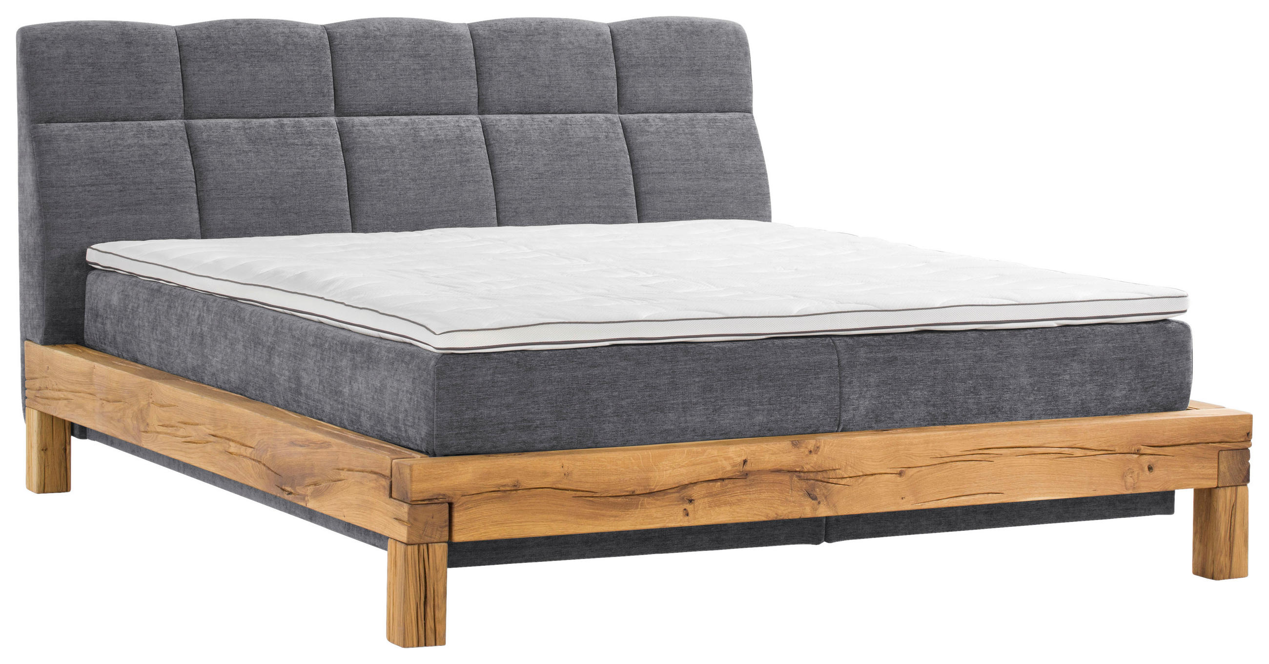 BOXSPRINGBETT 160/200 cm,  in Anthrazit, Matratze, gepolstertes Kopfteil, Topper, H2 + H4 = mittel + sehr fest  - Anthrazit/Buchefarben, Natur, Holz/Textil (160/200cm) - Livetastic