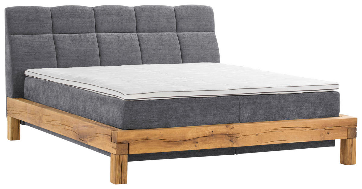 BOXSPRINGBETT 160/200 cm,  in Anthrazit, Matratze, gepolstertes Kopfteil, Topper, H2 + H4 = mittel + sehr fest  - Anthrazit/Buchefarben, Natur, Holz/Textil (160/200cm) - Livetastic