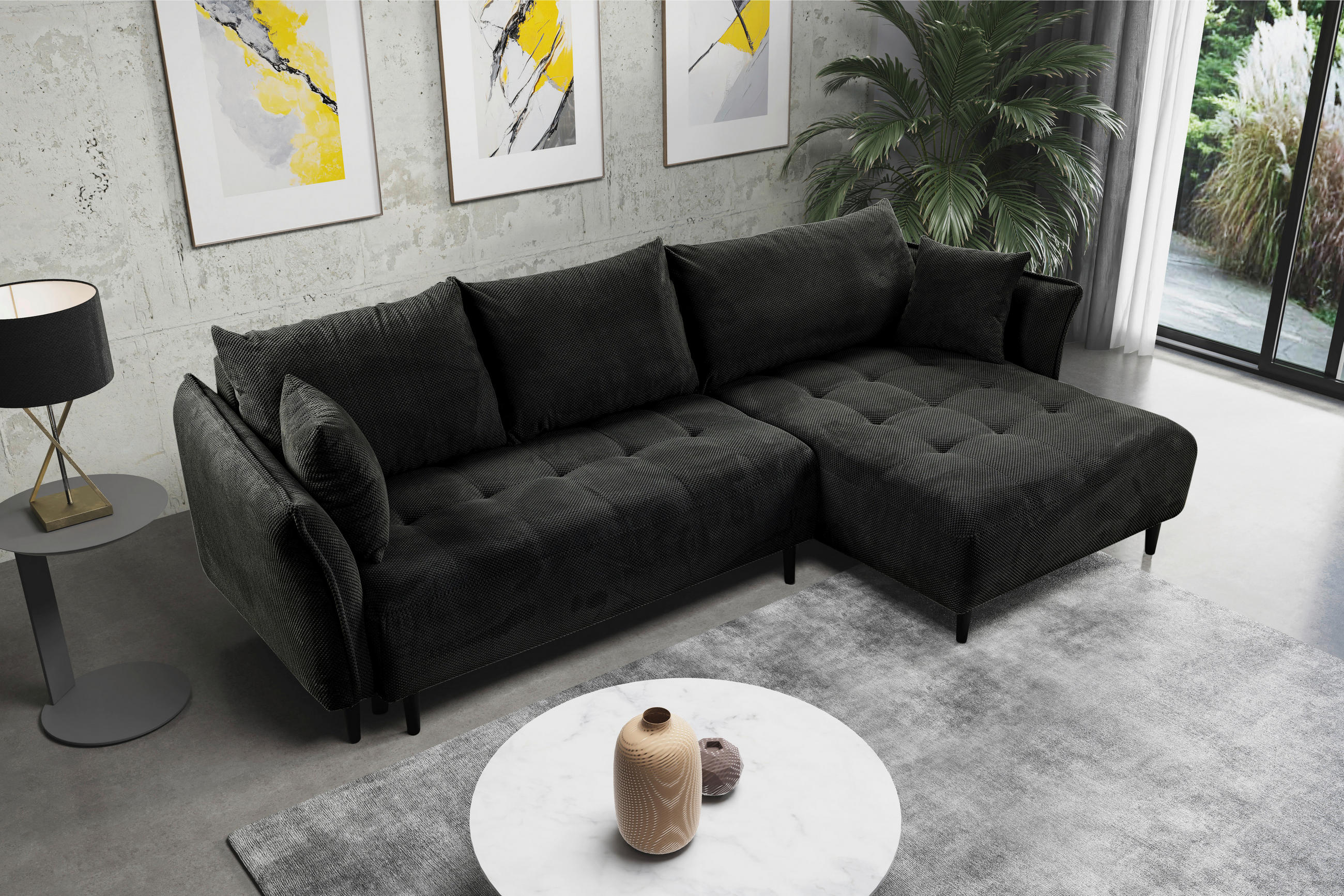 Thumbnail - Carryhome Ecksofa, Schwarz, Textil, Buche, Hartholz, 3-Sitzer, Füllung: Polyurethan (Pur), Silikon,Silikon, Ottomane rec...