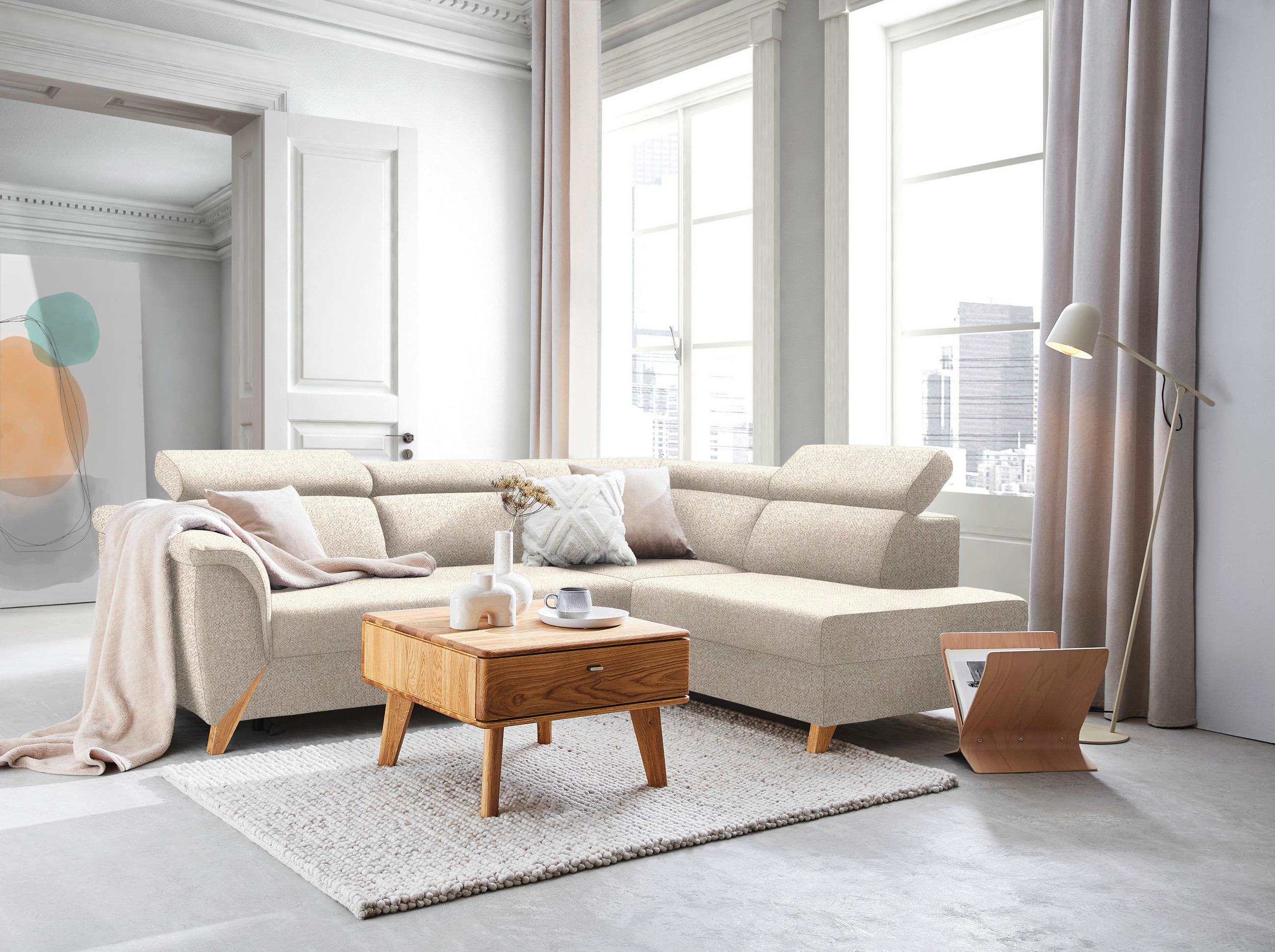 ECKSOFA in Bouclé Creme  265/200 cm  - Creme/Naturfarben, KONVENTIONELL, Holz/Textil (265/200cm) - Stylife