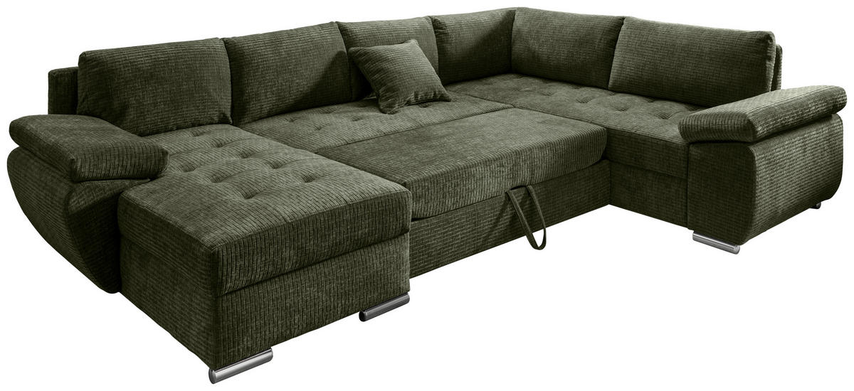WOHNLANDSCHAFT Olivgrün Mikrofaser  - Chromfarben/Olivgrün, KONVENTIONELL, Textil/Metall (157/305/219cm) - Livetastic