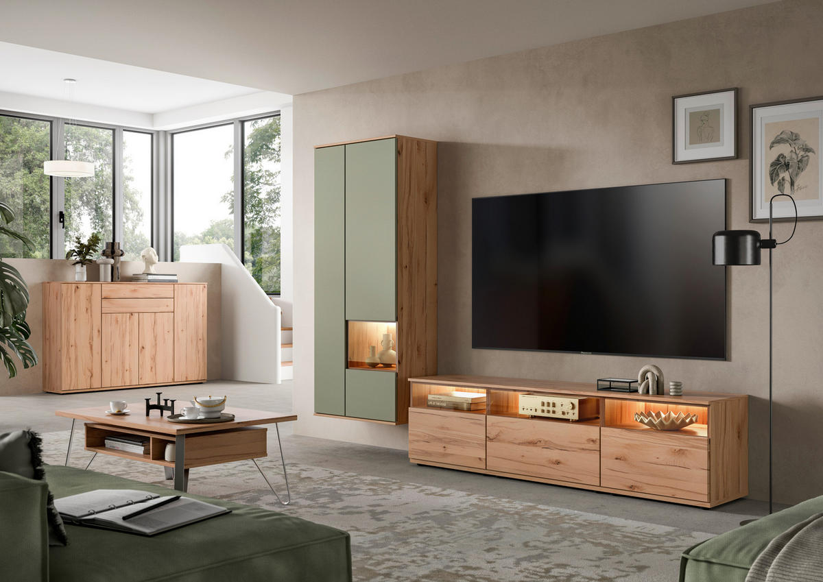 WOHNWAND  in Buchefarben, Schilfgrün  285/215/45 cm  - Schilfgrün/Buchefarben, KONVENTIONELL, Glas/Holzwerkstoff (285/215/45cm) - Venda