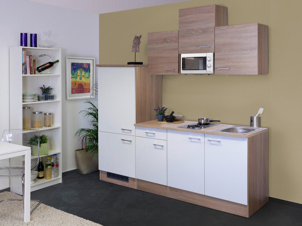 KÜCHENBLOCK 210 cm   in Weiß, Sonoma Eiche  - Alufarben/Weiß, MODERN, Holzwerkstoff/Kunststoff (210cm) - FlexWell