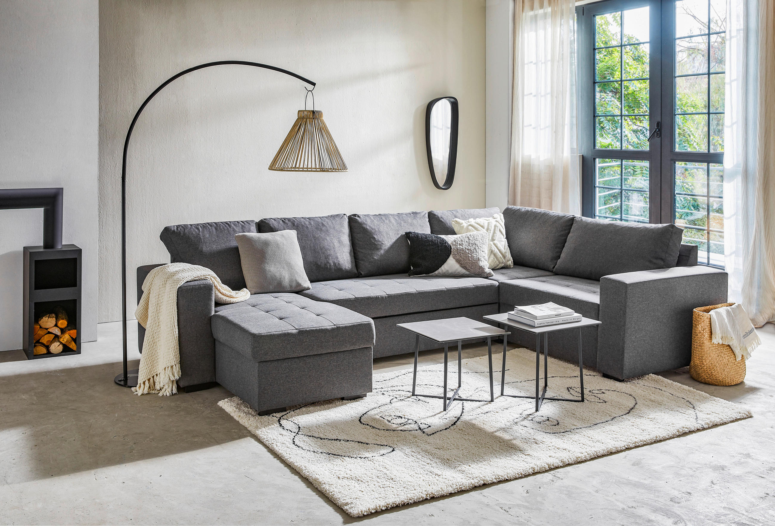 WOHNLANDSCHAFT Dunkelgrau Webstoff  - Dunkelgrau/Schwarz, KONVENTIONELL, Kunststoff/Textil (157/313/207cm) - Ti'me