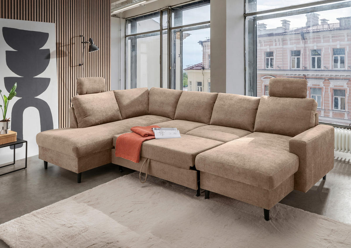 WOHNLANDSCHAFT in Chenille Hellbraun  - Hellbraun/Schwarz, Modern, Holz/Textil (200/305/153cm) - Livetastic