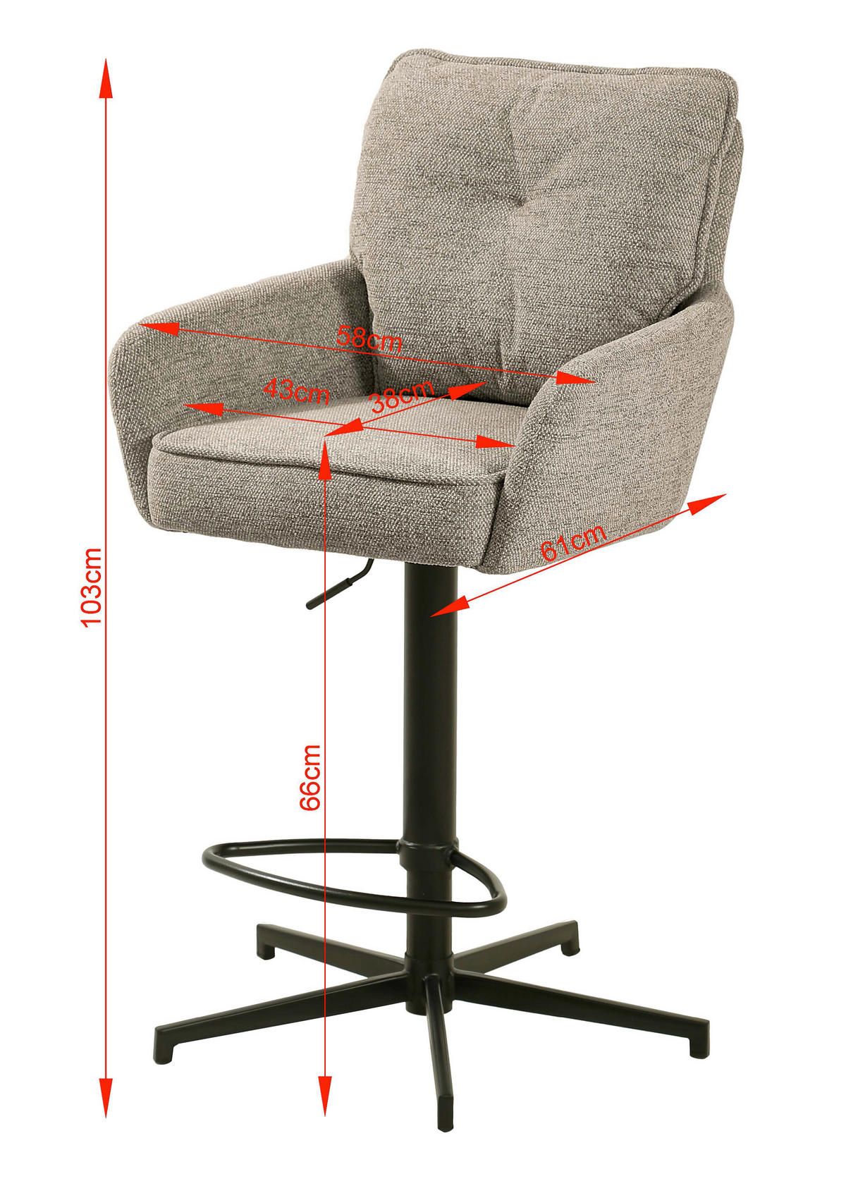 BARHOCKER Leinenoptik Schwarz, Taupe Eisen Stoffauswahl, Sitzfläche 360° drehbar  - Taupe/Schwarz, Design, Textil/Metall (58/103-123/61cm) - Novel