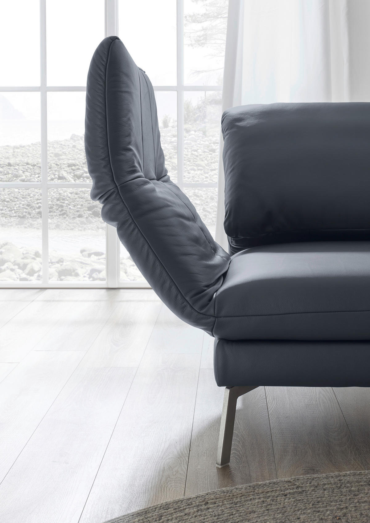 RÉCAMIERE in Echtleder Dunkelblau, Blaugrau  - Chromfarben/Blaugrau, Design, Leder/Metall (209/85-109/95-16cm) - Dieter Knoll