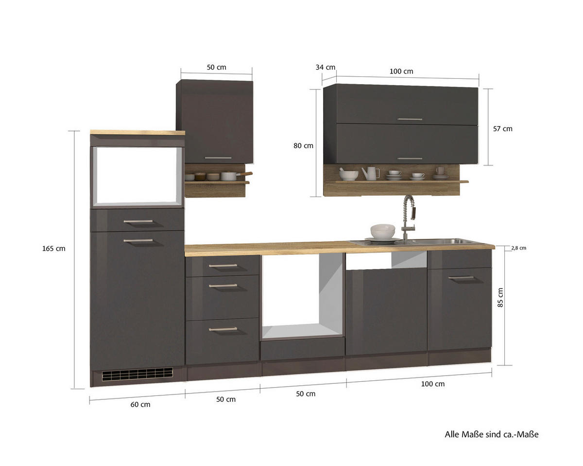 KÜCHENLEERBLOCK 280 cm   in Graphitfarben  - Silberfarben/Graphitfarben, MODERN, Glas/Holzwerkstoff (280cm) - Held