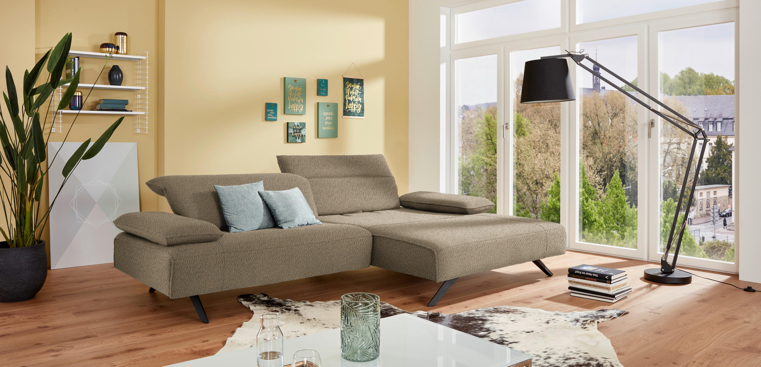 ECKSOFA in Flachgewebe Hellbraun  - Hellbraun/Anthrazit, Design, Textil/Metall (280/165cm) - Johann Jakob