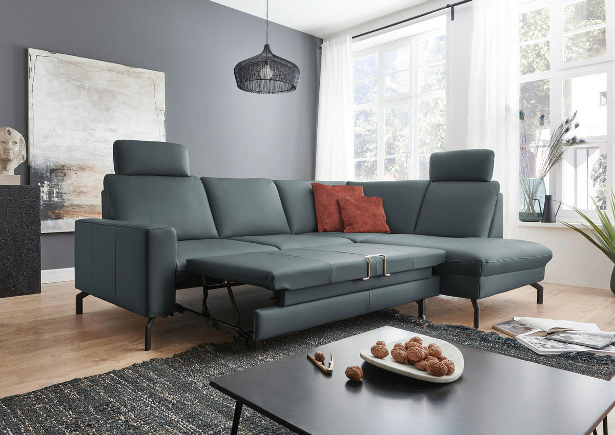 ECKSOFA Echtleder Blaugrau  - Blaugrau/Schwarz, Design, Leder/Metall (250/194cm) - Beldomo Premium