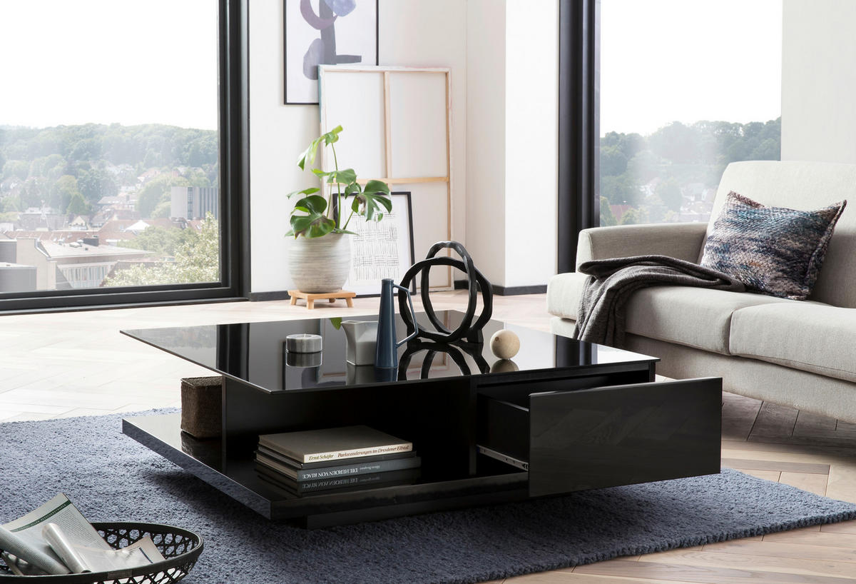 COUCHTISCH in Glas, Holzwerkstoff 100/100/36 cm  - Schwarz Hochglanz/Schwarz, Design, Glas/Holzwerkstoff (100/100/36cm) - Livetastic
