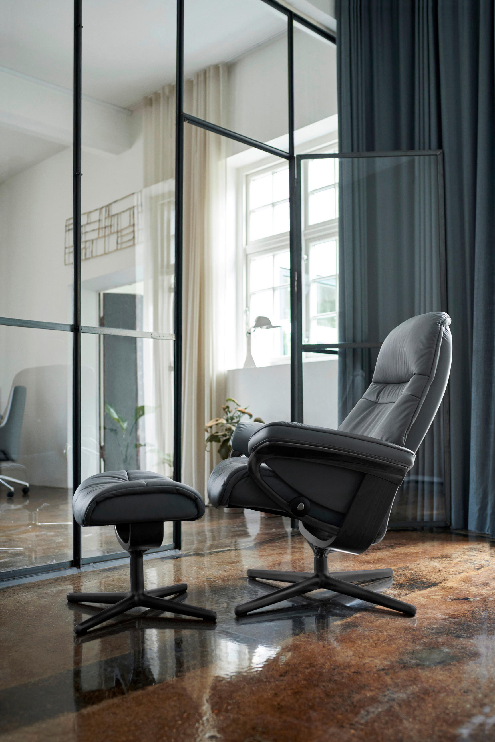 RELAXSESSELSET Echtleder Hocker, Relaxfunktion    - Dunkelgrau/Schwarz, Design, Leder/Holz (83/105/74cm) - Stressless