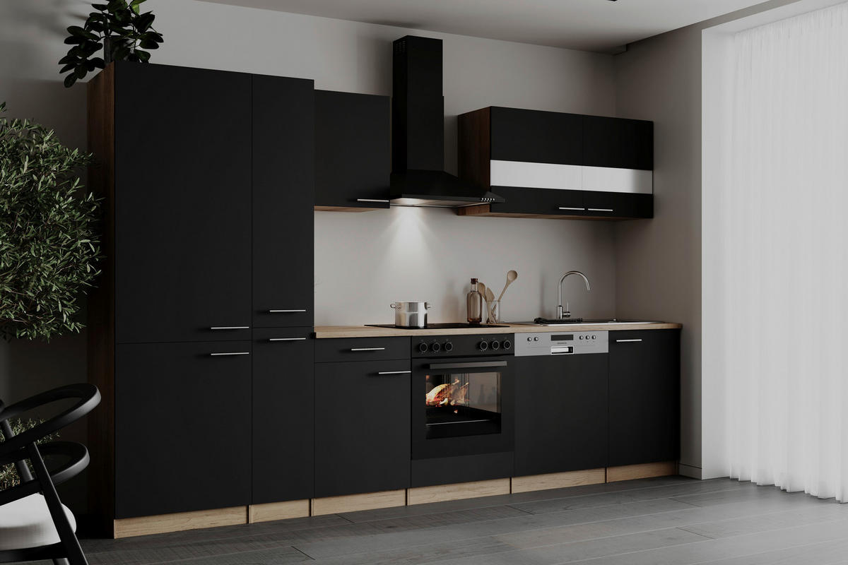 KÜCHENBLOCK 310 cm   in Schwarz  - Edelstahlfarben/Eichefarben, Basics, Holzwerkstoff/Metall (310cm) - Respekta