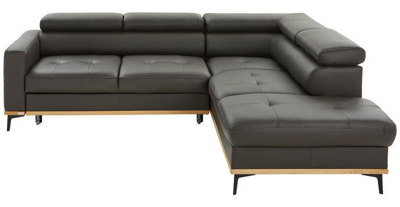 ECKSOFA Dunkelbraun Echtleder Bettkasten, Schlaffunktion, Rücken echt, Kopfteilverstellung  - Dunkelbraun/Schwarz, Design, Leder/Holz (252/220cm) - Novel