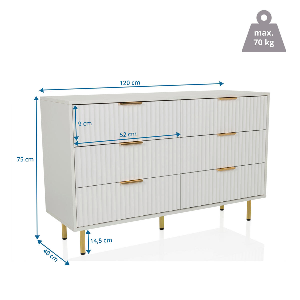SIDEBOARD  120/75/40 cm 6 Schublade(n)  - Goldfarben/Weiß, MODERN, Holzwerkstoff/Metall (120/75/40cm) - MID.YOU