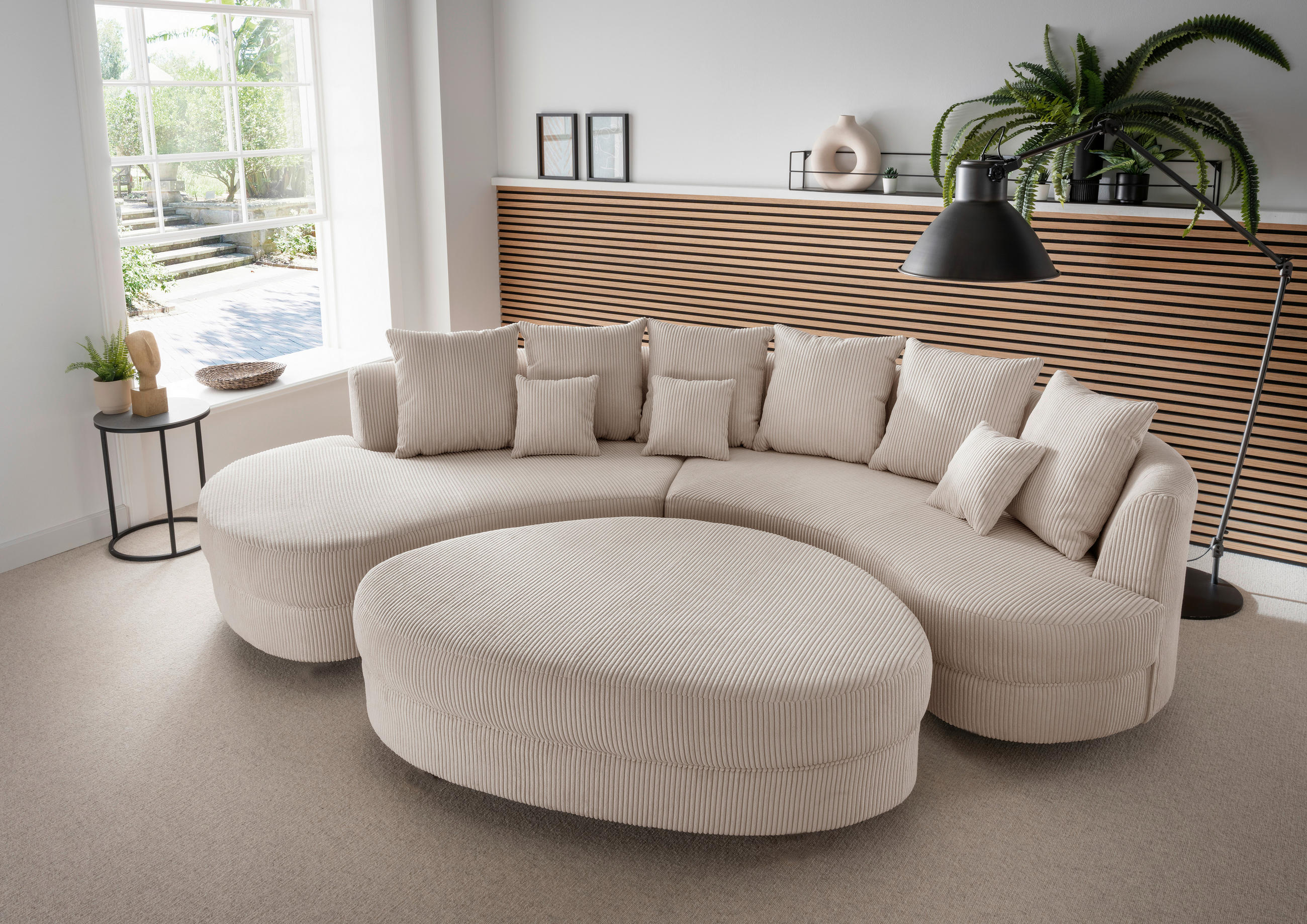 Wohnlandschaft inkl. Hocker Beige Cord Zierkissen, Rückenkissen, Hocker  - Beige/Schwarz, Design, Kunststoff/Textil (160/300cm) - Livetastic