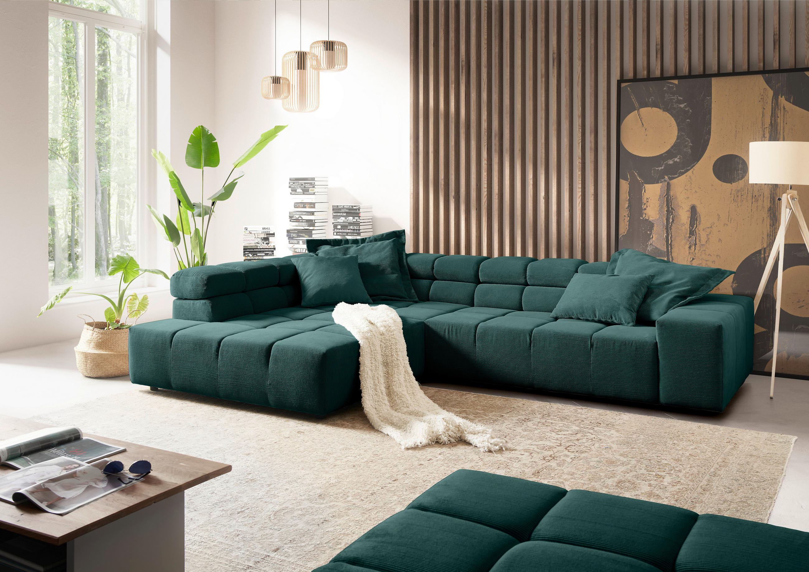 ECKSOFA in Feincord Dunkelgrün  - Dunkelgrün/Schwarz, Design, Kunststoff/Textil (215/319cm) - Hom`in