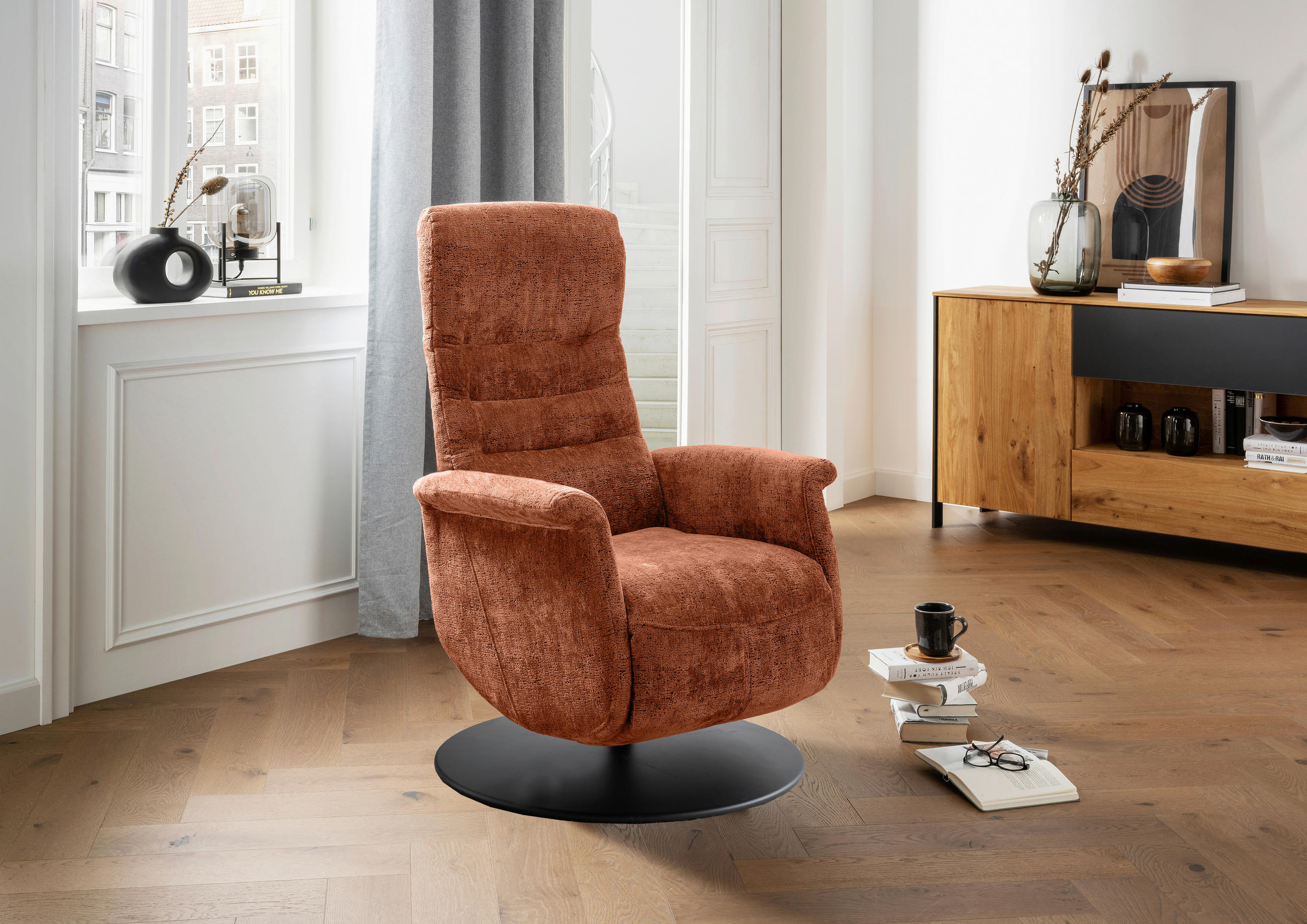RELAXSESSEL LATINA Kopfteilverstellung, Fußteilverstellung, Rücken echt    - Rostfarben/Schwarz, MODERN, Textil/Metall (72/118/85-165cm) - Livetastic