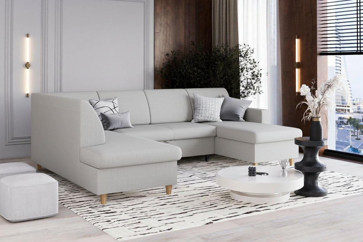 WOHNLANDSCHAFT NIKAS in Bouclé Grau  - Buchefarben/Grau, Design, Holz/Holzwerkstoff (310/198/145cm) - MID.YOU