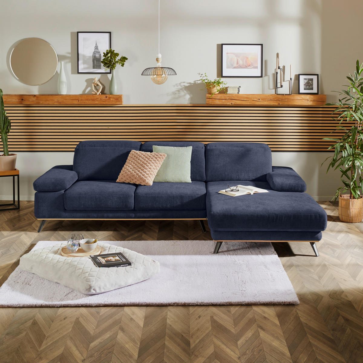 ECKSOFA in Struktur Dunkelblau  - Schwarz/Dunkelblau, Modern, Textil/Metall (283/194cm) - MID.YOU