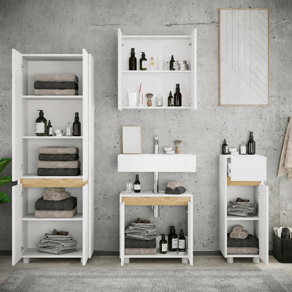 BADEZIMMER 4-teilig  in 154 cm  - Honigeiche/Silberfarben, Trend, Holzwerkstoff/Kunststoff (154cm) - MID.YOU