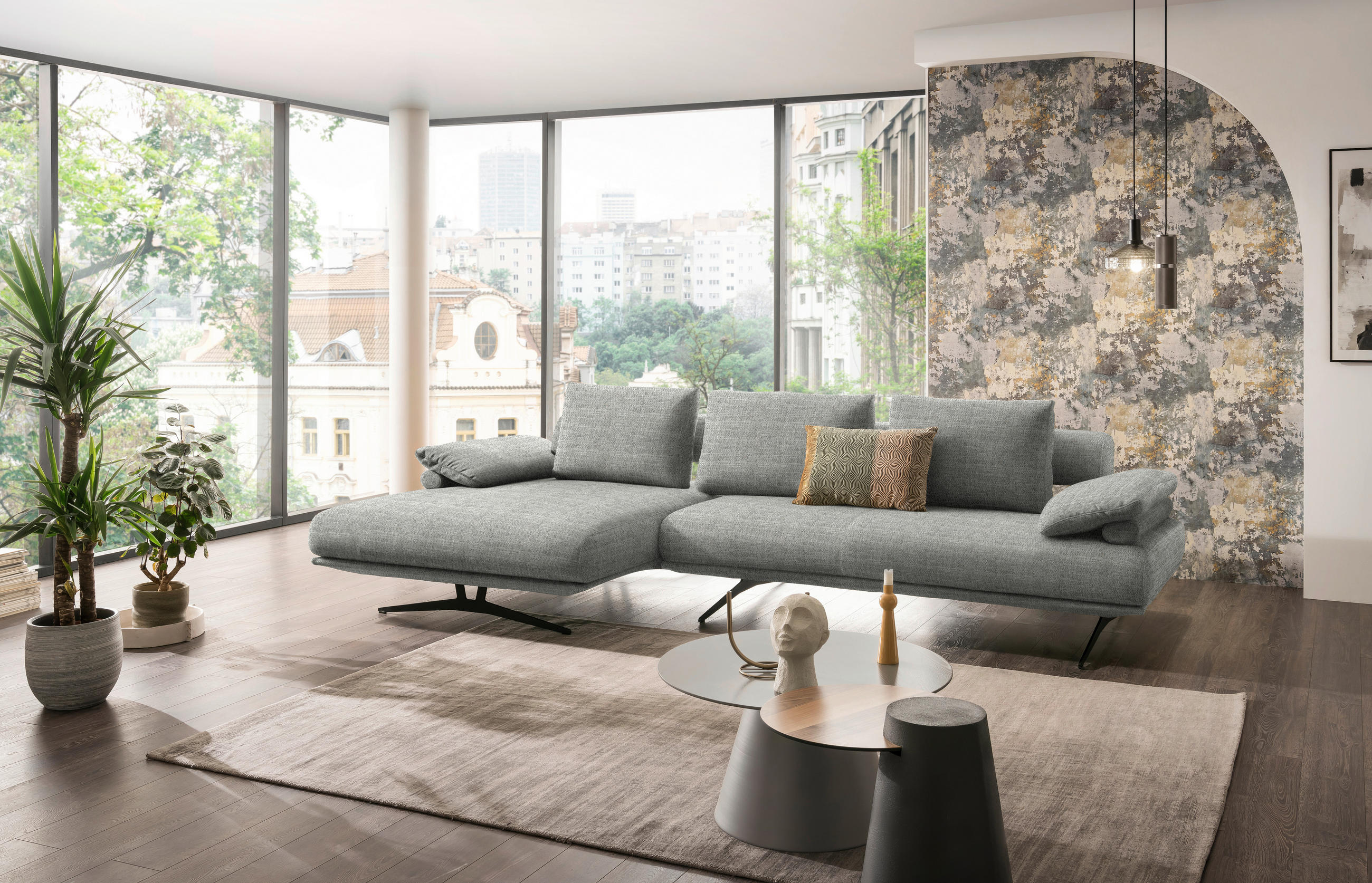 ECKSOFA in Chenille Hellgrau  - Hellgrau/Schwarz, Design, Textil/Metall (168/334cm) - Dieter Knoll